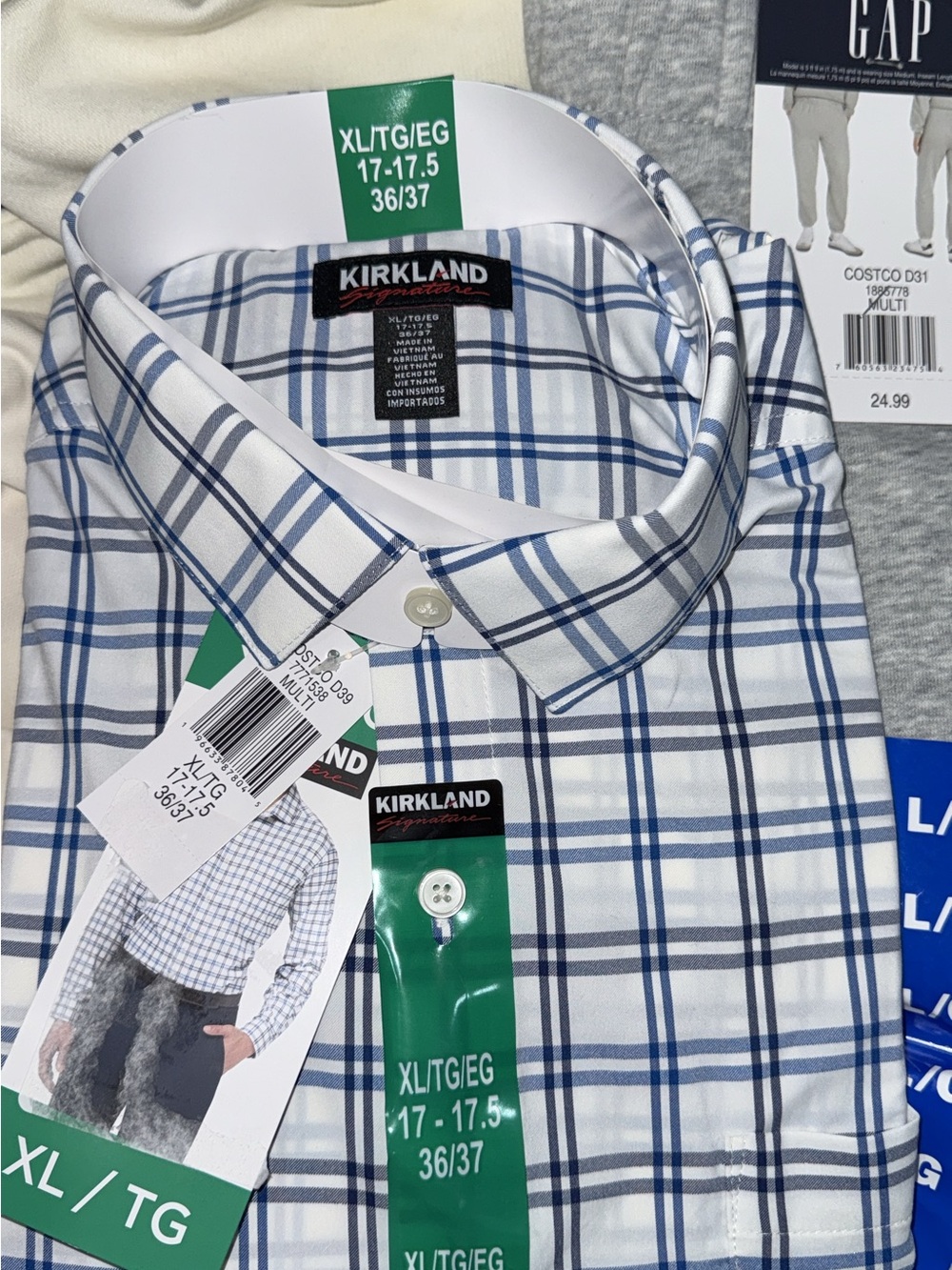 Kirkland Signature White and Blue Plaid Dress Shirt - XL